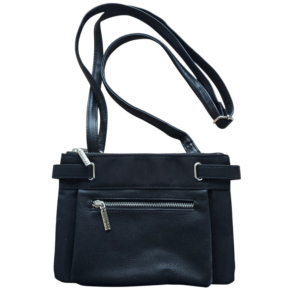 Roots 73 Black Faux Leather Nylon Crossbody Bag Adjustable Strap Zipper Pockets